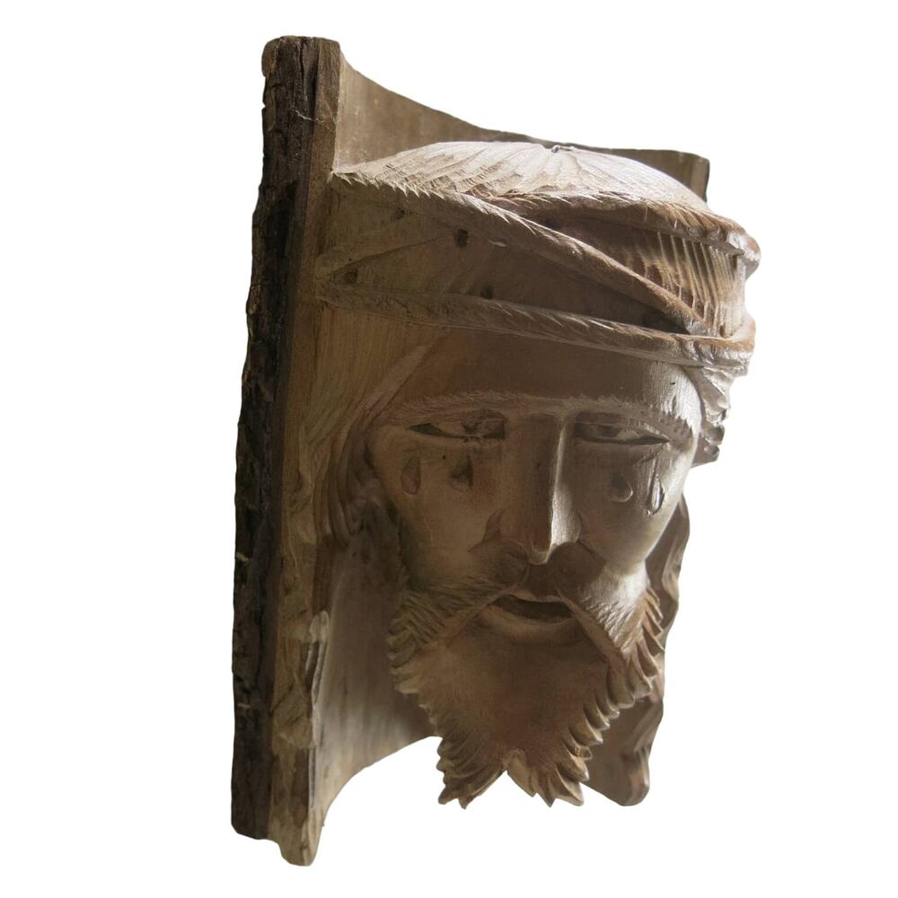 VINTAGE Religious Folk Art Hand Carved Weeping Jesus in Wood/Tree Bark*